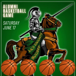Knight on a horse with the words Alumni Basketball Game, Saturday June 17, MCD Knights Succeed