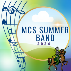 Musical notes, clouds, sun, hills, knight on horse, MCS Summer Band 2024