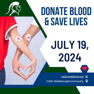Donate blood and save lives, July 19, 2024, redcrossblood.org Code: MiddleburghCommunity Knight helmet, two arms encircled to form a heart with heart bandages on.