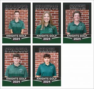Five senior members of the golf team pose individually for photos. They are wearing Middleburgh team shirts.