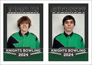 Two members of the  Knights bowling team post for banner. They are wearing team shirts.