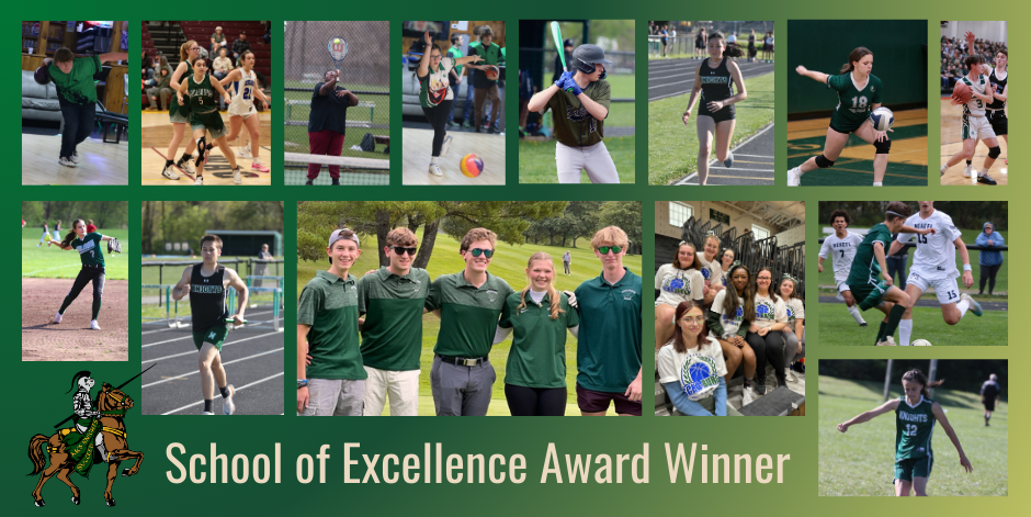 Collage of MCS students engaged in multiple sports. Knight on horse. School of Excellence Award Winner.