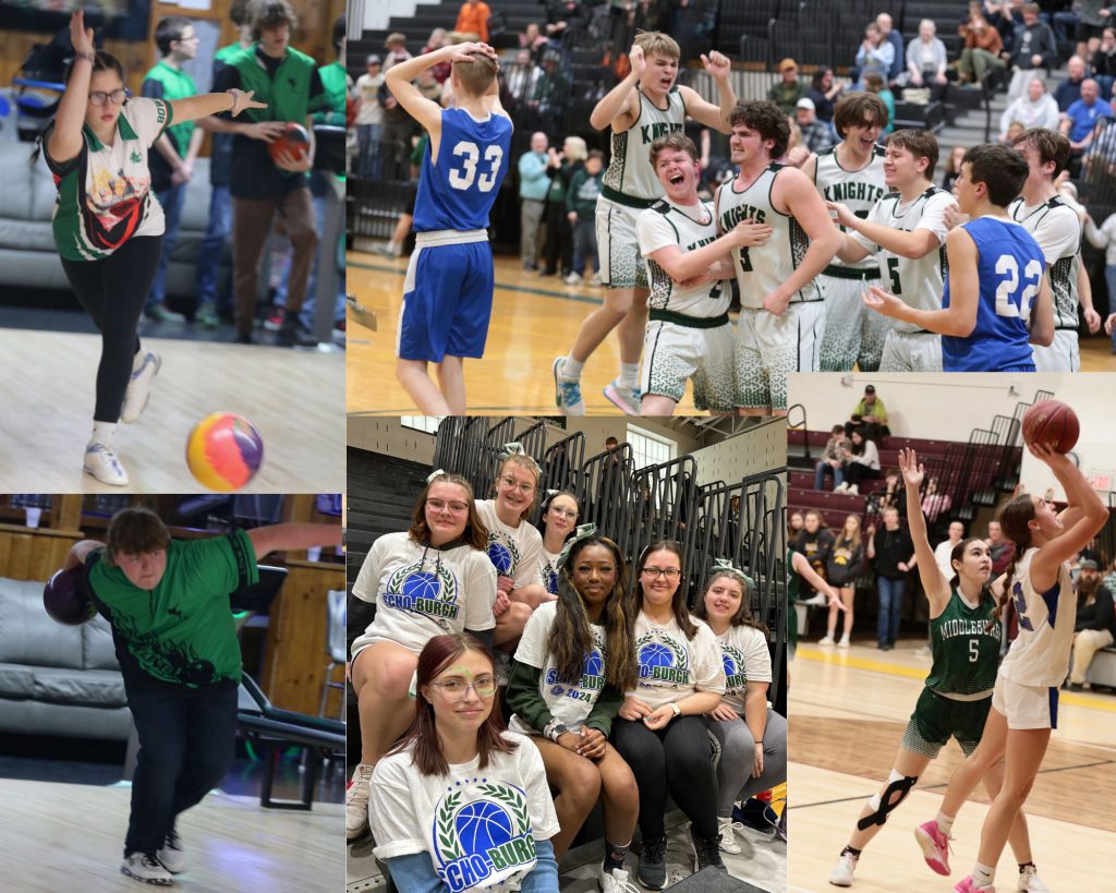 Collage of Middleburgh basketball, cheerleading and bowling team members.