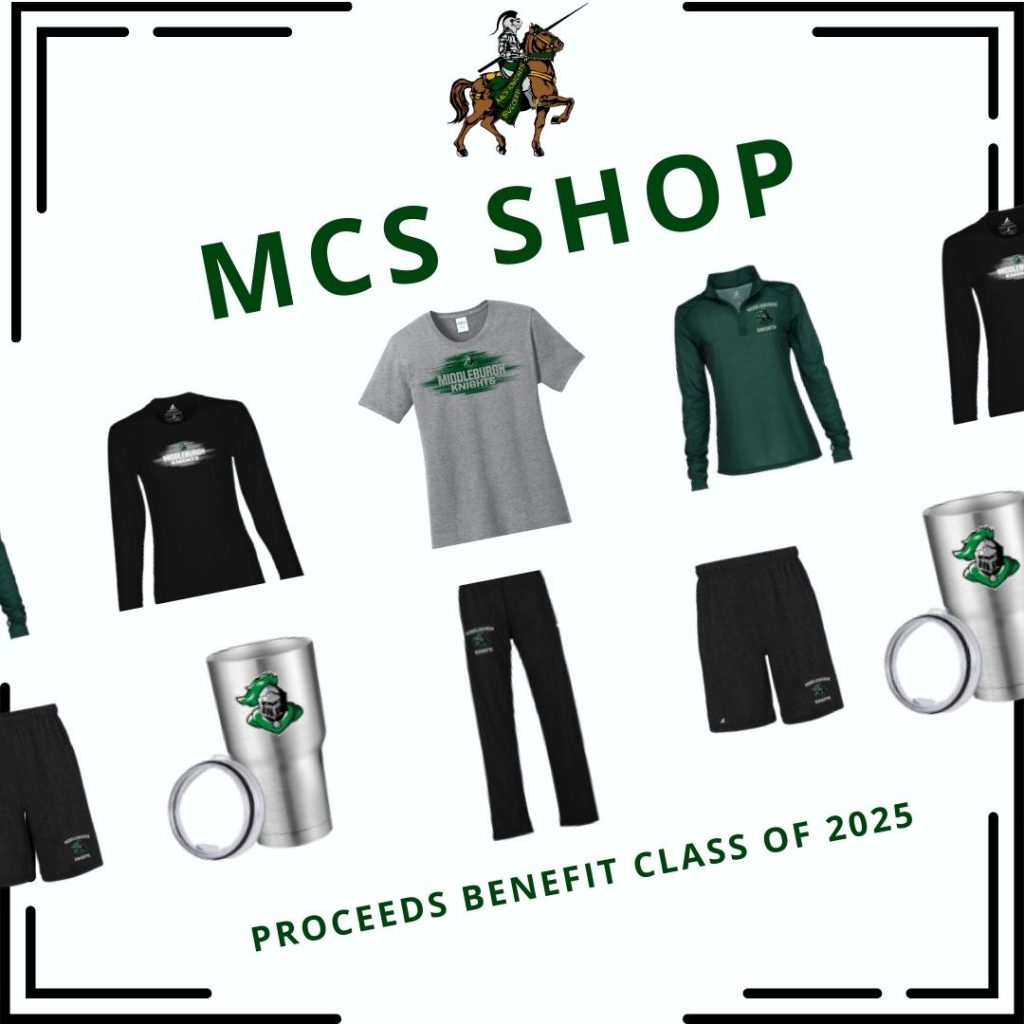 MCS Shop. Proceeds benefit class of 2025. Knight on horse. Shirts, pans, shorts and coffee mug with MCS branding.