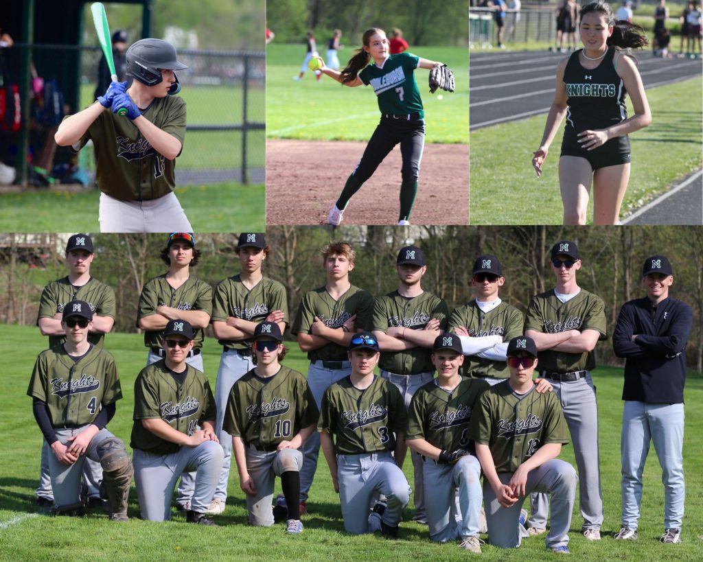 Teen at bat, teen throwing softball, teen on track, members of baseball team assembled for a group photo. Some are sitting others stand with arms crossed. All are wearing MCS athletic team clothing.