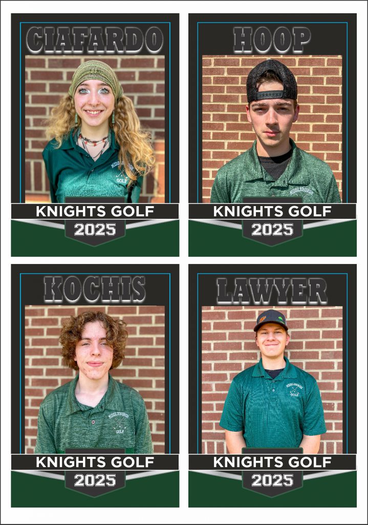 Student banners for Knights Golf 2025 including Ciafardo, Hoop, Kochis, and Lawyer