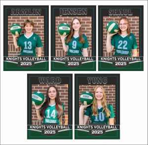 Senior atthelic banners, Knights Volleyball, Features students Armlin, Jensen, Shaul, Ward and Yung. Each is wearing team apparel.  