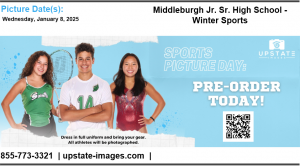 Winter Sports Photo Day, Wednesday, Jan. 8, 2025. Each athlete will be photographed in an Upstate Images portrait session and should wear their full uniform and bring their sports gear. For questions or assistance, contact Upstate Images at 1-855-773-3321.